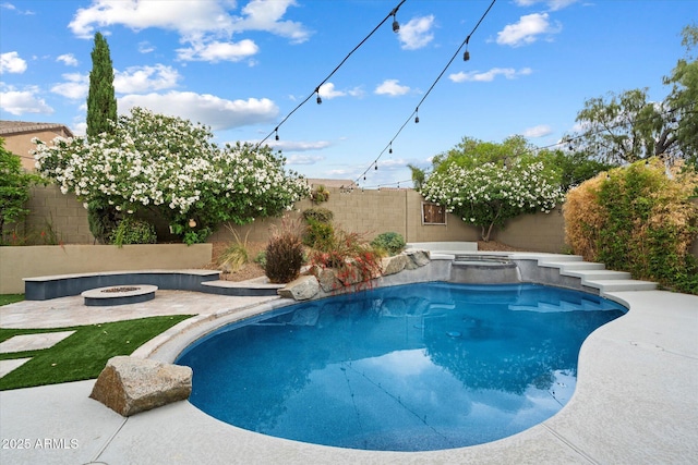 26264 N 46th St, Phoenix, AZ 85050 - view of pool featuring a fire pit, a fenced backyard, a patio area, and a pool with connected hot tub