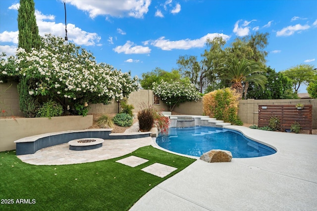 26264 N 46th St, Phoenix, AZ 85050 - view of pool with an outdoor fire pit, a patio, and a pool with connected hot tub