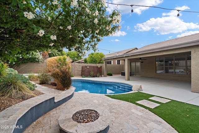26264 N 46th St, Phoenix, AZ 85050 - view of swimming pool with ceiling fan, a fenced backyard, and a patio