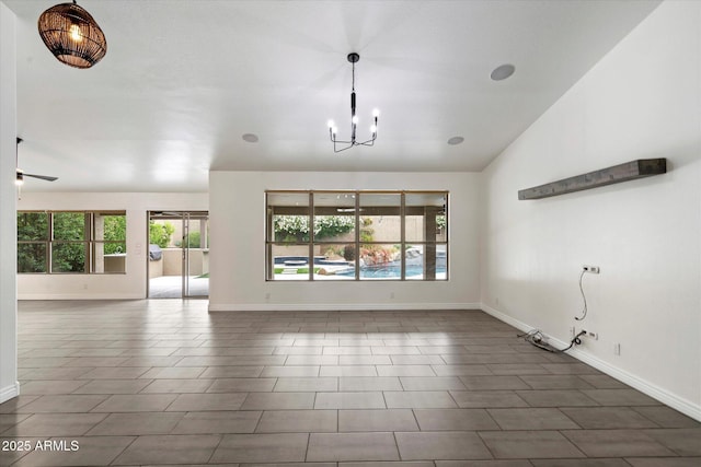 26264 N 46th St, Phoenix, AZ 85050 - unfurnished living room with a chandelier, vaulted ceiling, baseboards, and a ceiling fan