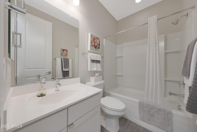 18746 W Rancho Dr, Litchfield Park, AZ 85340 - full bathroom with shower / bathtub combination with curtain, vanity, toilet, and wood finished floors