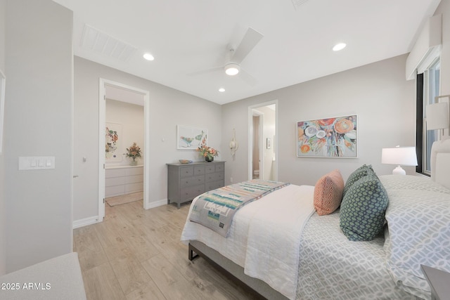 18746 W Rancho Dr, Litchfield Park, AZ 85340 - bedroom with recessed lighting, ceiling fan, visible vents, light wood-style flooring, and baseboards