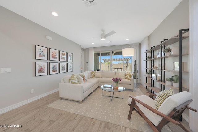 18746 W Rancho Dr, Litchfield Park, AZ 85340 - living room featuring visible vents, baseboards, recessed lighting, wood finished floors, and a ceiling fan