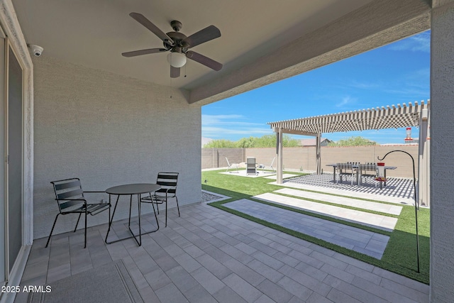 18746 W Rancho Dr, Litchfield Park, AZ 85340 - view of patio with ceiling fan, outdoor dining area, a fenced backyard, and a pergola