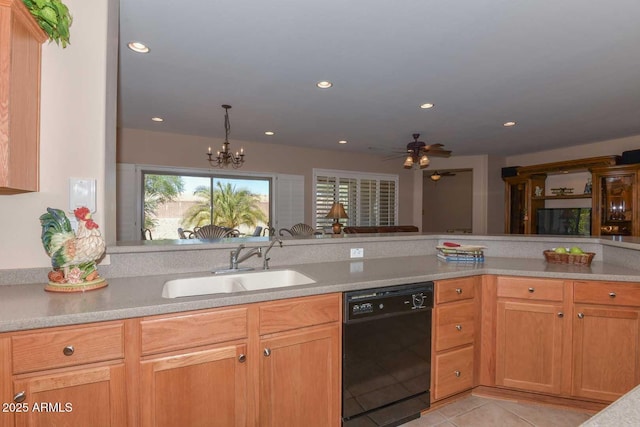 kitchen with dishwasher, ceiling fan with notable chandelier, sink, and light tile patterned floors