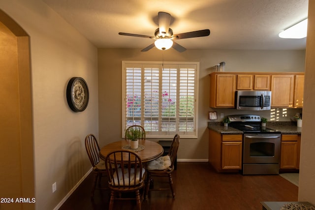 kitchen with dark stone countertops, ceiling fan, dark wood-type flooring, and appliances with stainless steel finishes