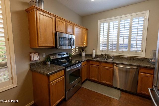 kitchen with dark hardwood / wood-style floors, sink, stainless steel appliances, and plenty of natural light