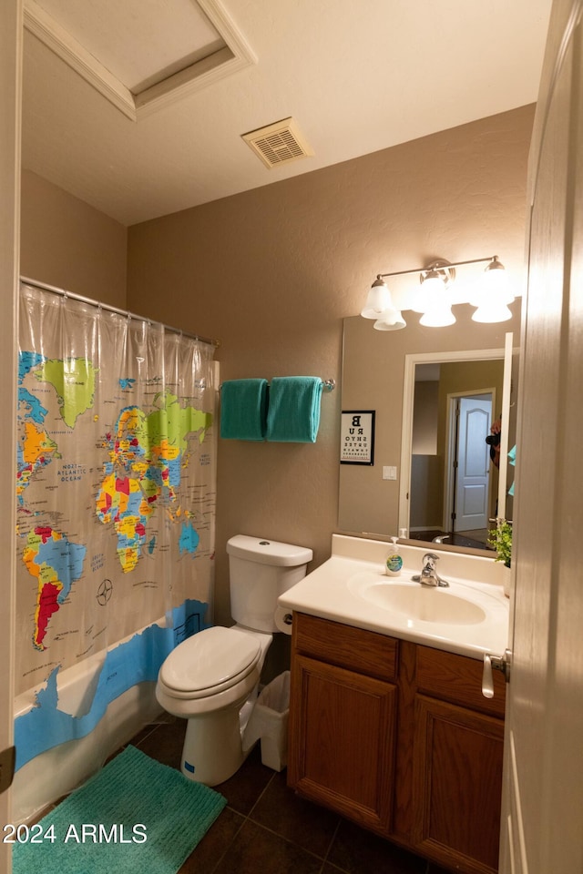 full bathroom featuring tile patterned flooring, vanity, toilet, and shower / bath combo