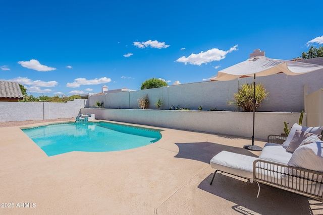 view of pool featuring a patio area, a fenced backyard, and a fenced in pool