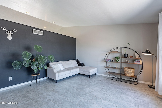 living area with baseboards, lofted ceiling, visible vents, and recessed lighting