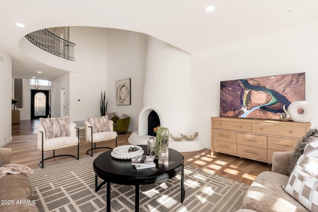 living room with a high ceiling and hardwood / wood-style floors