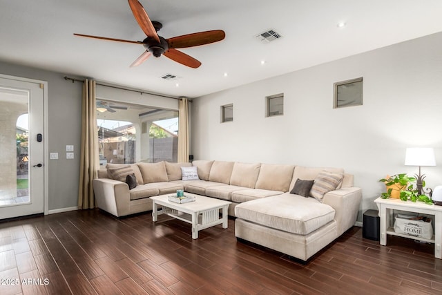 5628 N Rattler Way, Litchfield Park, AZ 85340 - living room featuring ceiling fan, dark wood-style floors, recessed lighting, and baseboards