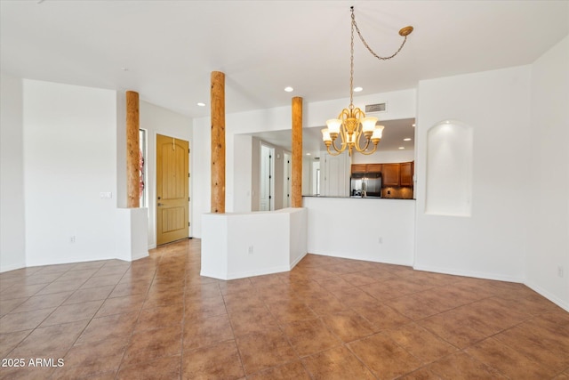 interior space with visible vents, baseboards, recessed lighting, tile patterned floors, and a notable chandelier