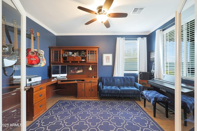 home office with visible vents, a ceiling fan, built in study area, ornamental molding, and dark wood-style flooring