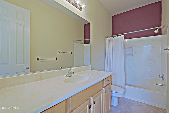 full bathroom featuring shower / tub combo, tile patterned floors, vanity, and toilet