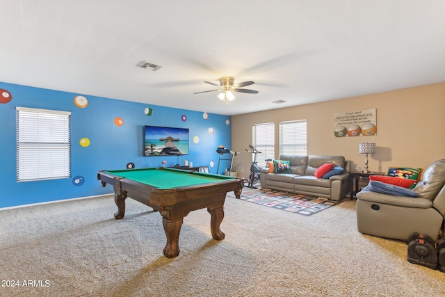 rec room featuring ceiling fan, billiards, and carpet flooring