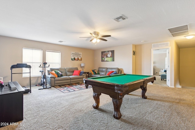 recreation room featuring pool table, carpet, and ceiling fan