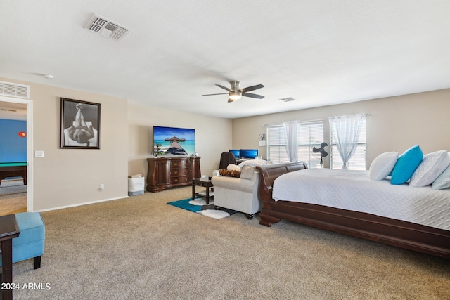 carpeted bedroom featuring pool table and ceiling fan