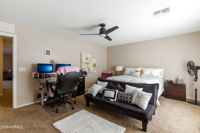 bedroom with ceiling fan and carpet floors