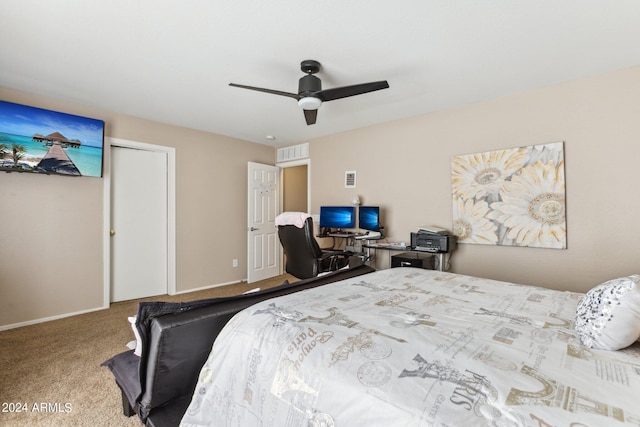 bedroom featuring light carpet and ceiling fan