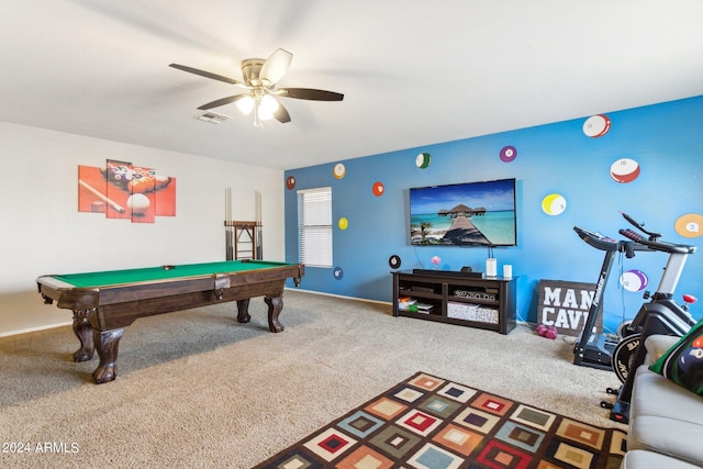 recreation room with billiards, ceiling fan, and carpet flooring