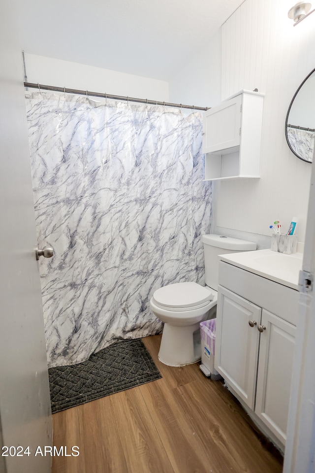 bathroom featuring curtained shower, wood-type flooring, vanity, toilet, and tile walls