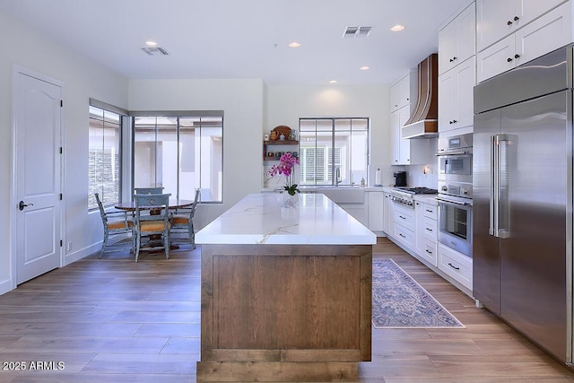 kitchen with hardwood / wood-style flooring, appliances with stainless steel finishes, white cabinetry, light stone counters, and custom range hood