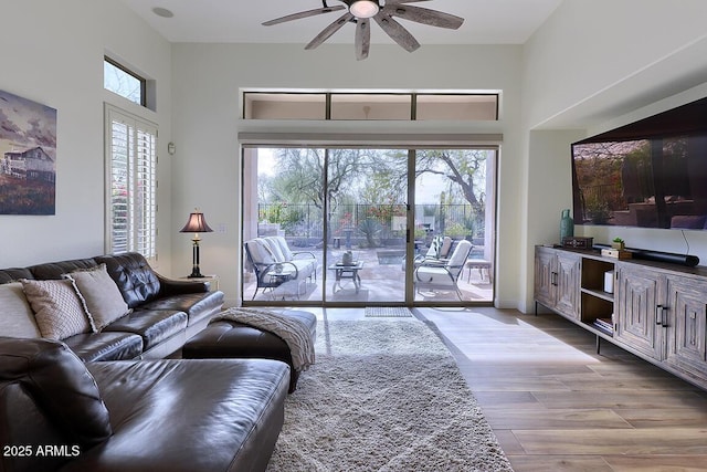 living room featuring ceiling fan, plenty of natural light, and light wood-type flooring