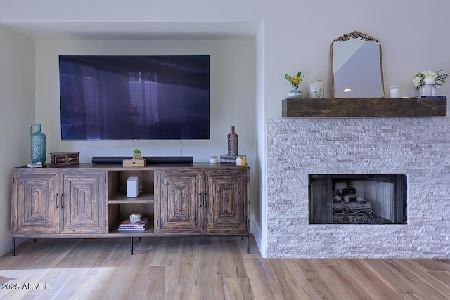 living room featuring a fireplace and light hardwood / wood-style flooring