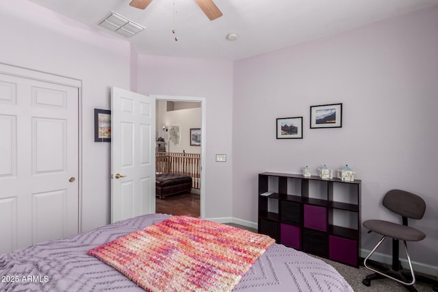 bedroom featuring a ceiling fan, baseboards, and visible vents