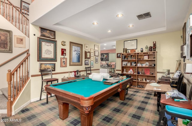 game room featuring visible vents, baseboards, a tray ceiling, recessed lighting, and pool table