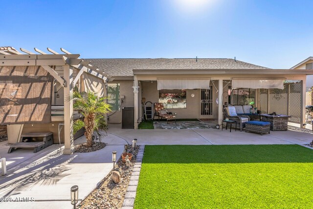 19930 N 98th Ave, Peoria, AZ 85382 - back of house featuring a patio, a jacuzzi, stucco siding, a shingled roof, and a lawn