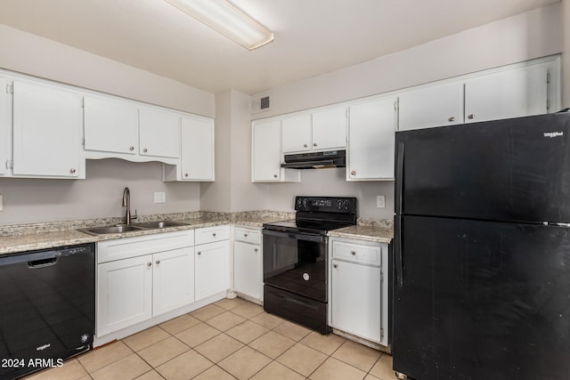 kitchen with white cabinetry, sink, light tile patterned floors, and black appliances