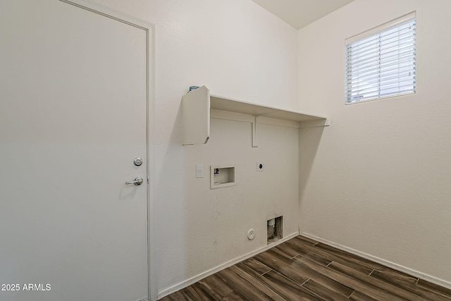 washroom with hookup for an electric dryer, laundry area, washer hookup, baseboards, and dark wood finished floors