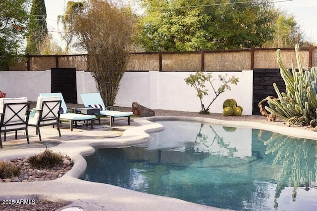 view of pool featuring a patio area, a fenced backyard, and a fenced in pool