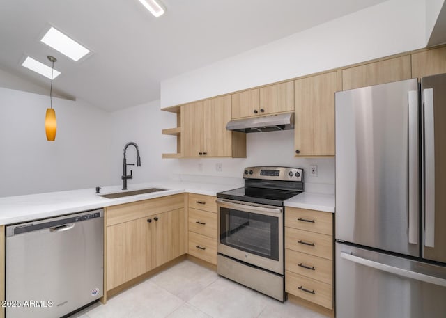 10613 S 41st Pl, Phoenix, AZ 85044 - kitchen featuring stainless steel appliances, light brown cabinetry, under cabinet range hood, open shelves, and light countertops