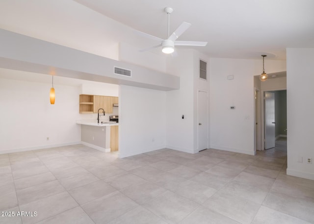 10613 S 41st Pl, Phoenix, AZ 85044 - unfurnished living room with a ceiling fan, high vaulted ceiling, and light tile patterned floors