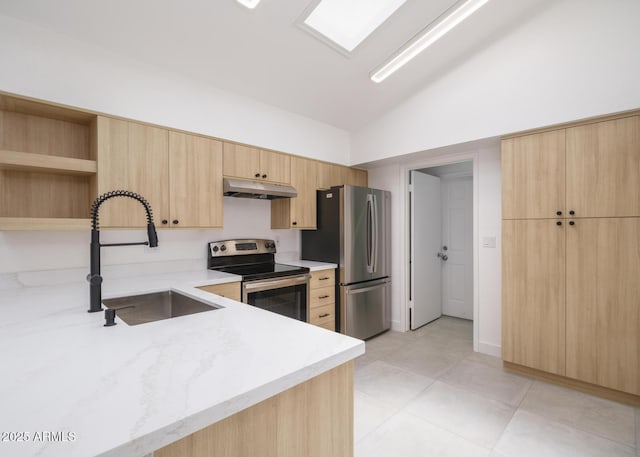 10613 S 41st Pl, Phoenix, AZ 85044 - kitchen featuring appliances with stainless steel finishes, under cabinet range hood, light brown cabinets, open shelves, and vaulted ceiling