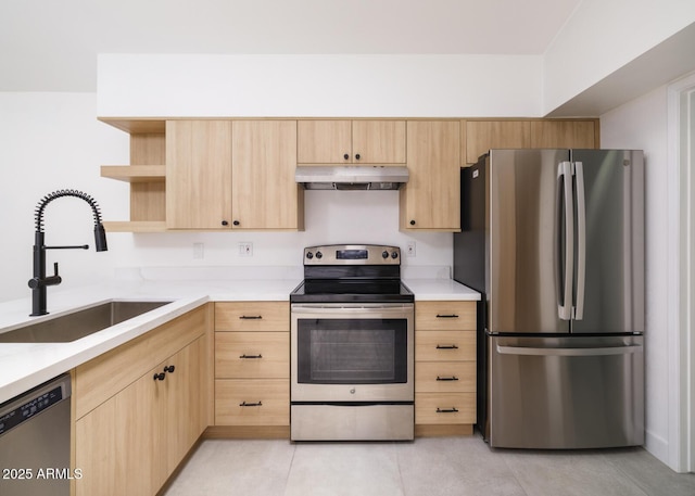 10613 S 41st Pl, Phoenix, AZ 85044 - kitchen featuring appliances with stainless steel finishes, light brown cabinetry, under cabinet range hood, and open shelves