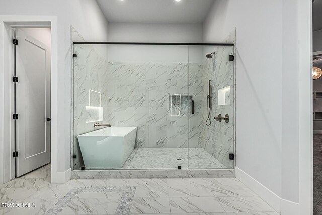 3653 E Runaway Bay Pl, Queen Creek, AZ 85142 - full bathroom with marble look tiles, baseboards, a marble finish shower, recessed lighting, and a freestanding bath
