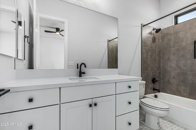 3653 E Runaway Bay Pl, Queen Creek, AZ 85142 - bathroom featuring vanity, toilet, shower / washtub combination, a ceiling fan, and tile patterned floors