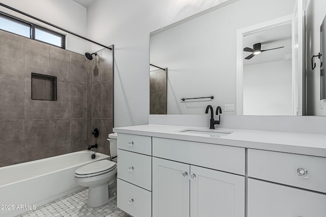 3653 E Runaway Bay Pl, Queen Creek, AZ 85142 - full bath featuring toilet, vanity,  shower combination, a ceiling fan, and tile patterned floors