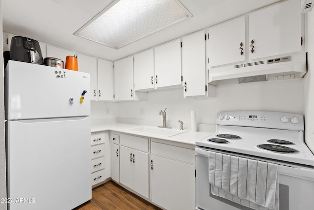 kitchen with dark hardwood / wood-style flooring, sink, white appliances, and white cabinetry