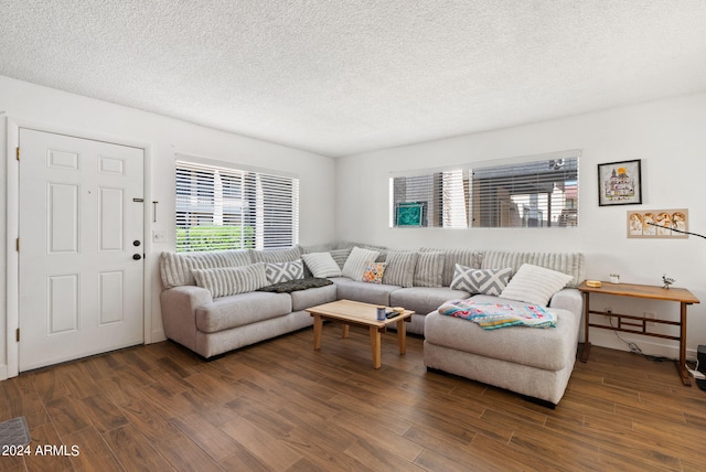 living room featuring a textured ceiling and dark wood-type flooring