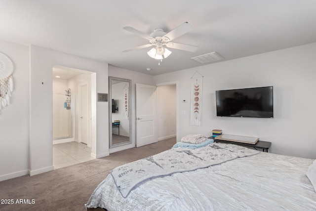 bedroom featuring visible vents, ceiling fan, baseboards, and carpet