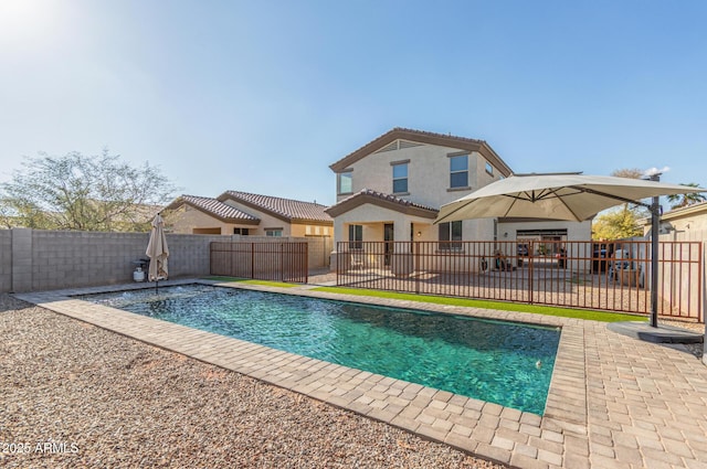 view of pool featuring a fenced in pool, a fenced backyard, and a patio area