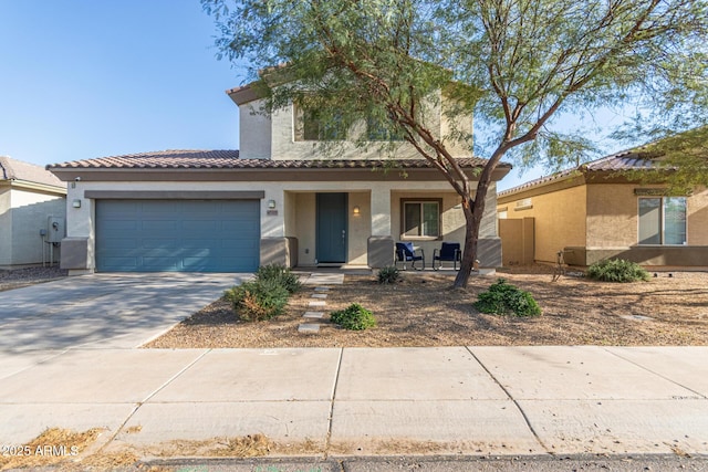 view of front of home featuring covered porch, stucco siding, concrete driveway, a garage, and a tile roof