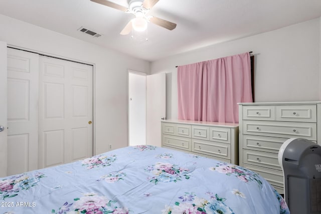 bedroom with visible vents, a closet, and ceiling fan