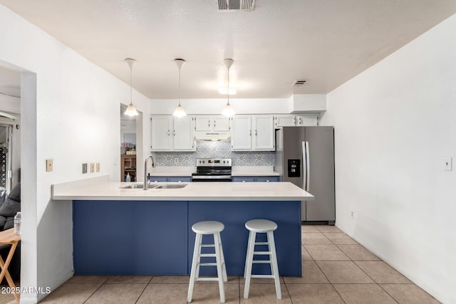 kitchen with a peninsula, a sink, appliances with stainless steel finishes, white cabinetry, and backsplash