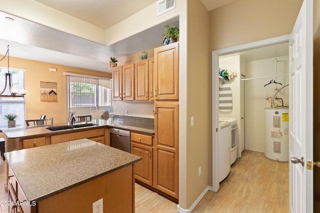 9550 E Thunderbird Rd Unit 152, Scottsdale, AZ 85260 - kitchen featuring water heater, independent washer and dryer, a peninsula, dishwasher, and dark stone counters